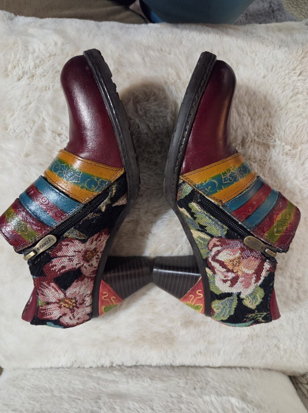 Socofy Multicolor Floral Strap Block Heel Shoes Burgundy Accent. Sz 39 Or 81/2 - Picture 3 of 13